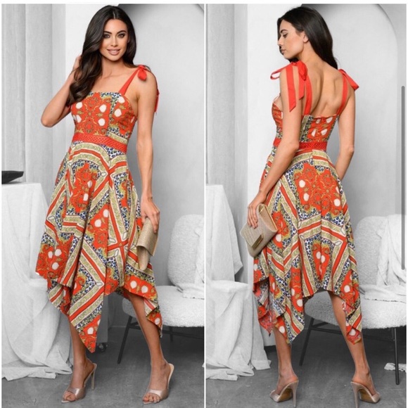 Red orange asymmetrical hem midi dress - Picture 2 of 4